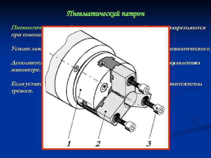 Пневматический патрон 1 имееттри зажимных кулачка которые 2, закрепляются при помощи цилиндрических винтов 3.