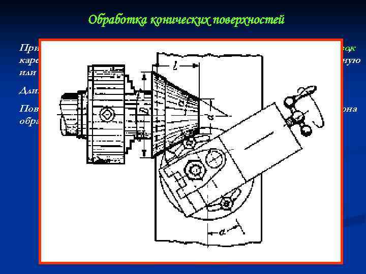 Обработка конических поверхностей При обтачивании конических поверхностей методом поворота поперечных салазок , кареткасуппорта остаетсянеподвижной,