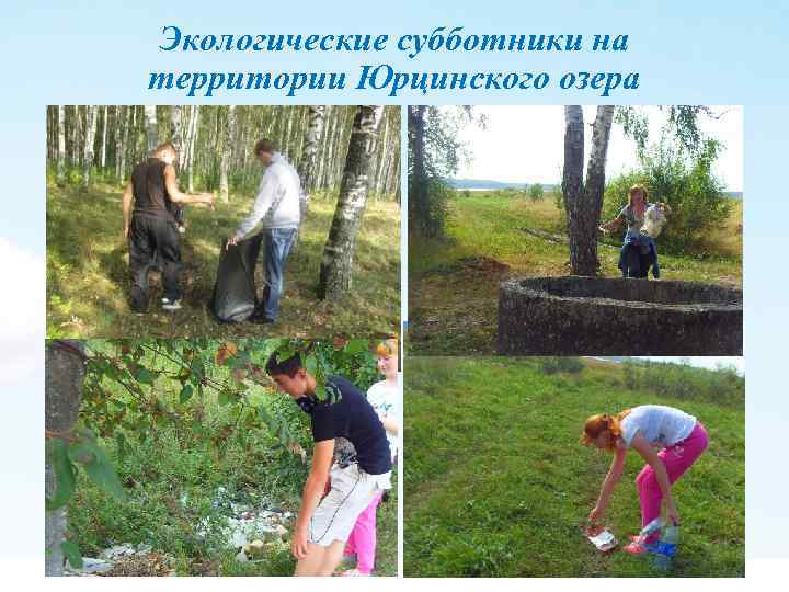 Экологические субботники на территории Юрцинского озера 1) пункт первый презентации 2) пункт второй презентации