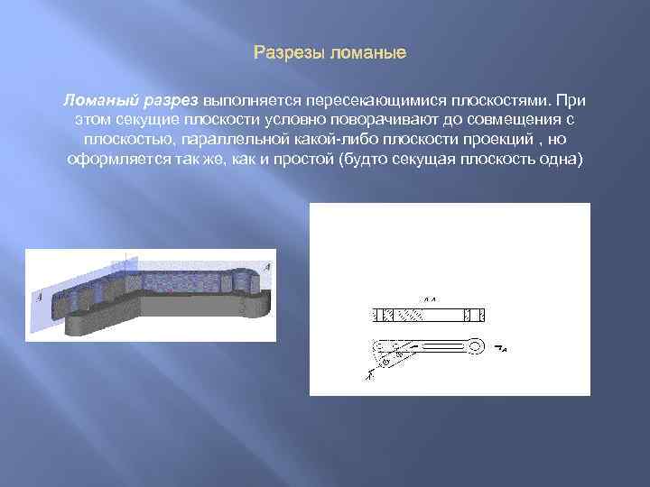 Разрезы ломаные Ломаный разрез выполняется пересекающимися плоскостями. При этом секущие плоскости условно поворачивают до