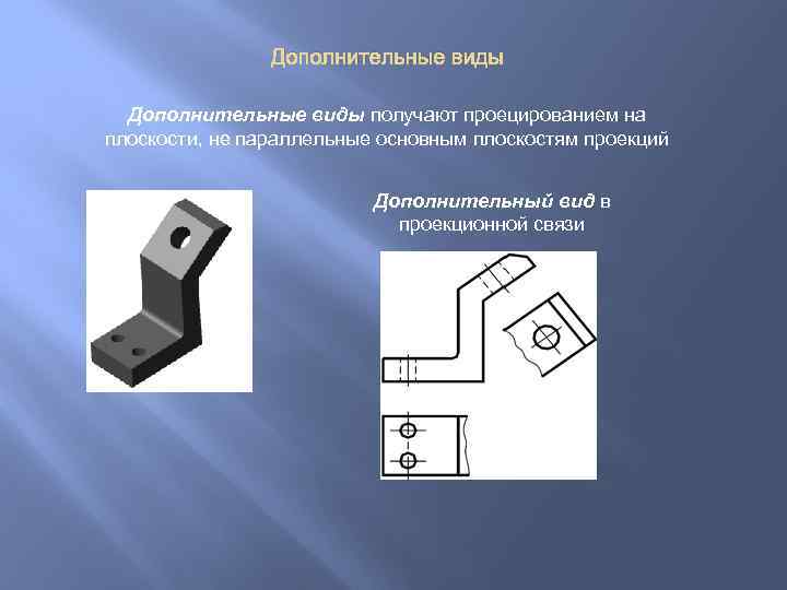 Дополнительные виды получают проецированием на плоскости, не параллельные основным плоскостям проекций Дополнительный вид в