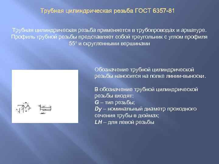 Трубная цилиндрическая резьба ГОСТ 6357 -81 Трубная цилиндрическая резьба применяется в трубопроводах и арматуре.