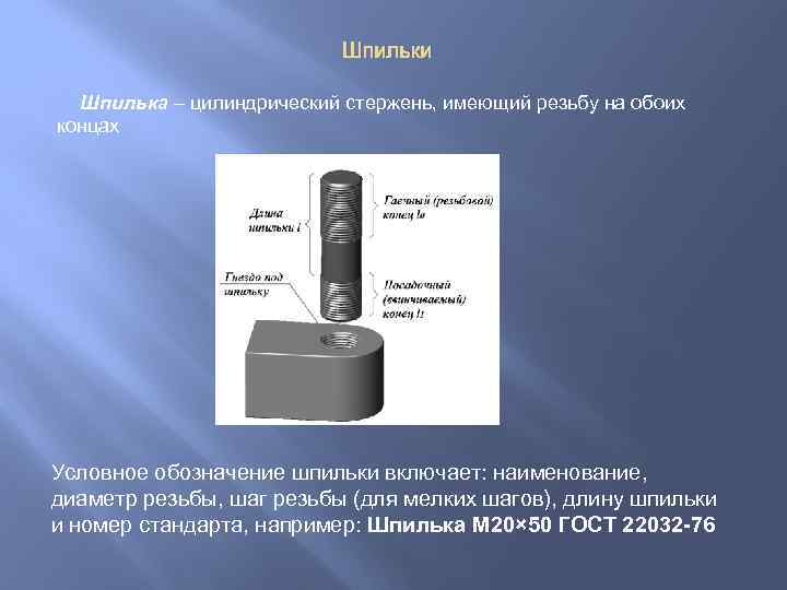 Шпильки Шпилька – цилиндрический стержень, имеющий резьбу на обоих концах Условное обозначение шпильки включает: