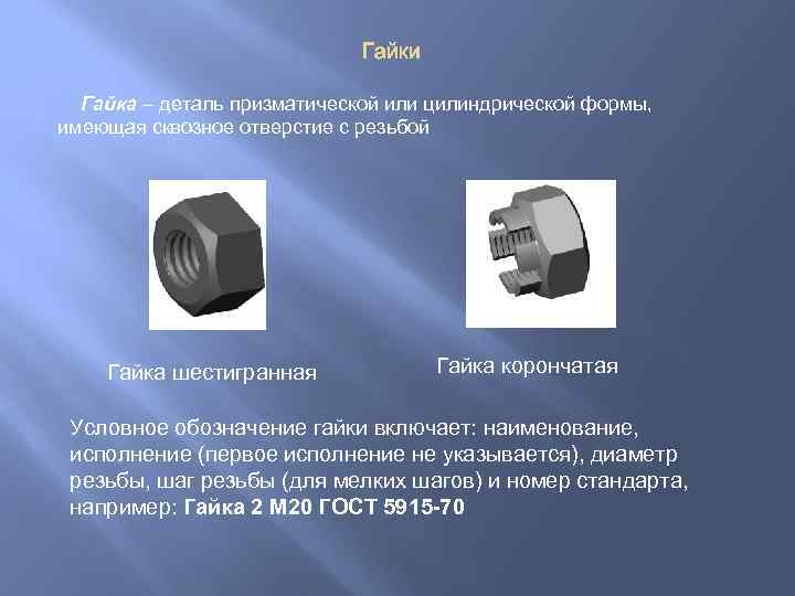 Гайки Гайка – деталь призматической или цилиндрической формы, имеющая сквозное отверстие с резьбой Гайка