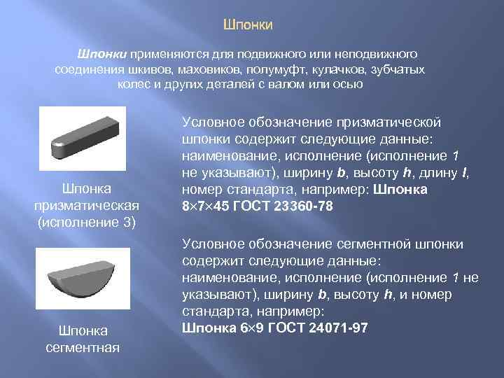 Шпонки применяются для подвижного или неподвижного соединения шкивов, маховиков, полумуфт, кулачков, зубчатых колес и