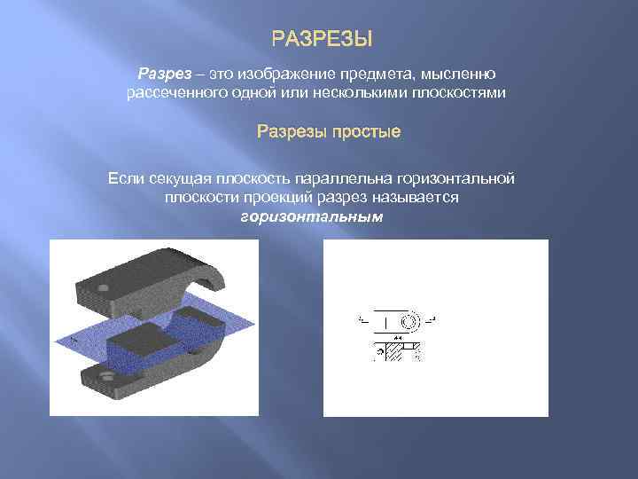 РАЗРЕЗЫ Разрез – это изображение предмета, мысленно рассеченного одной или несколькими плоскостями Разрезы простые