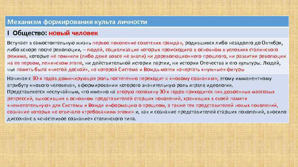 Механизм формирования культа личности I Общество: новый человек Вступает в самостоятельную жизнь первое поколение