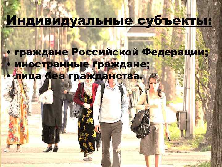 Индивидуальные субъекты: • граждане Российской Федерации; • иностранные граждане; • лица без гражданства. 