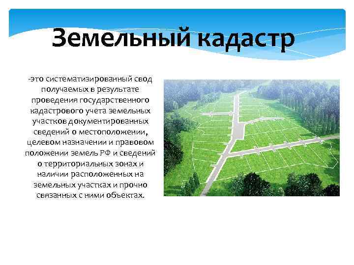 Земельный кадастр -это систематизированный свод получаемых в результате проведения государственного кадастрового учета земельных участков