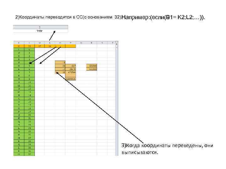 2)Координаты переводятся в СС(с основанием 32). Например: (если(В 1= K 2; L 2; …)).