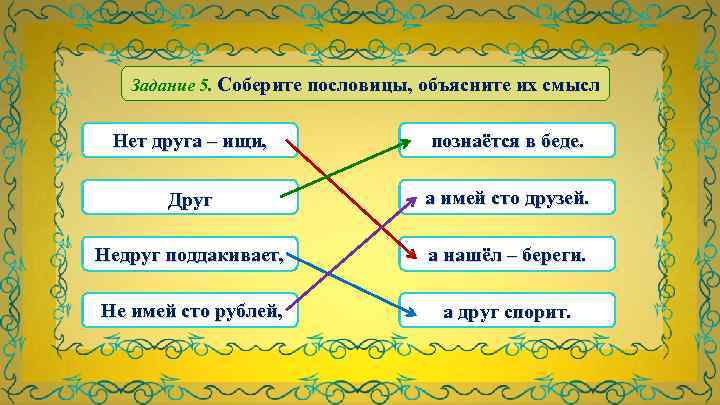 Задание 5. Соберите пословицы, объясните их смысл Нет друга – ищи, познаётся в беде.