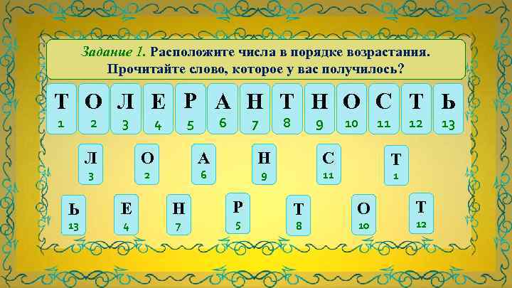 Задание 1. Расположите числа в порядке возрастания. Прочитайте слово, которое у вас получилось? Т