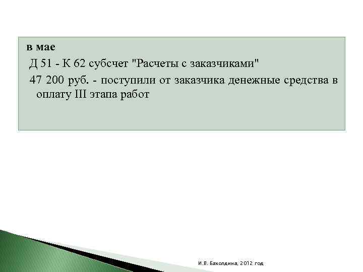 в мае Д 51 - К 62 субсчет "Расчеты с заказчиками" 47 200 руб.