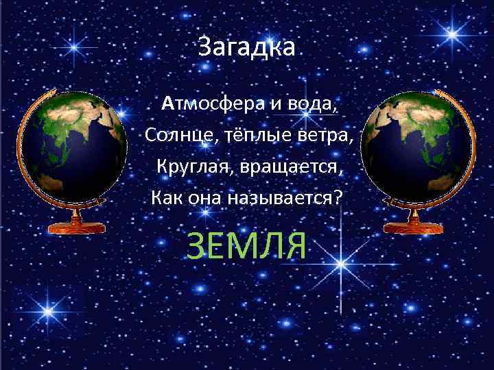 Загадка Атмосфера и вода, Солнце, тёплые ветра, Круглая, вращается, Как она называется? ЗЕМЛЯ 