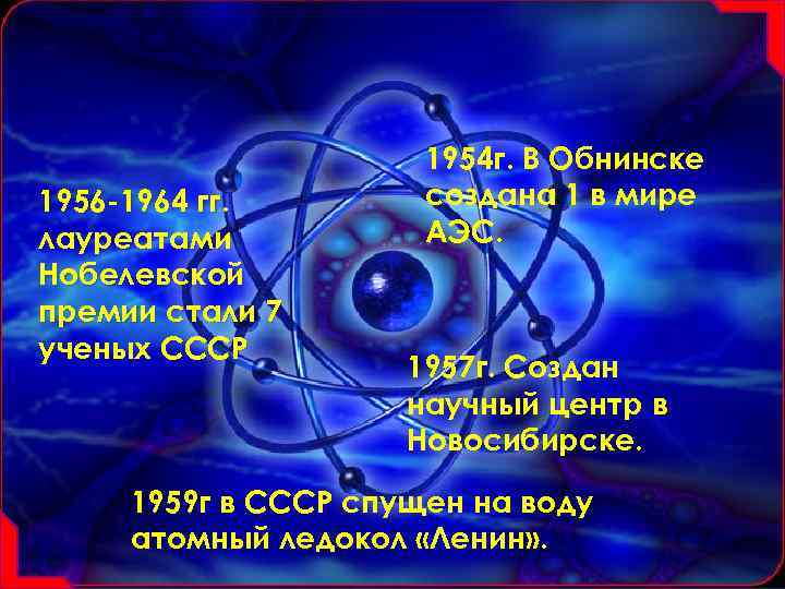 1956 -1964 гг. лауреатами Нобелевской премии стали 7 ученых СССР 1954 г. В Обнинске