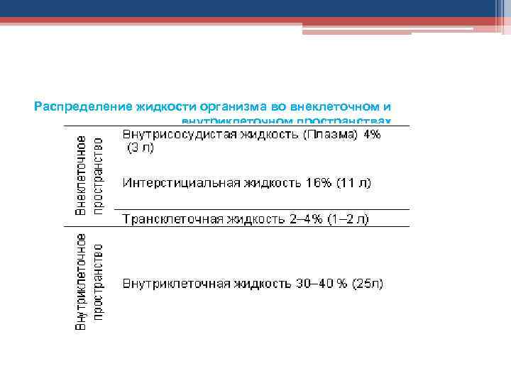 Распределение жидкости организма во внеклеточном и внутриклеточном пространствах (в процентах к массе тела) 