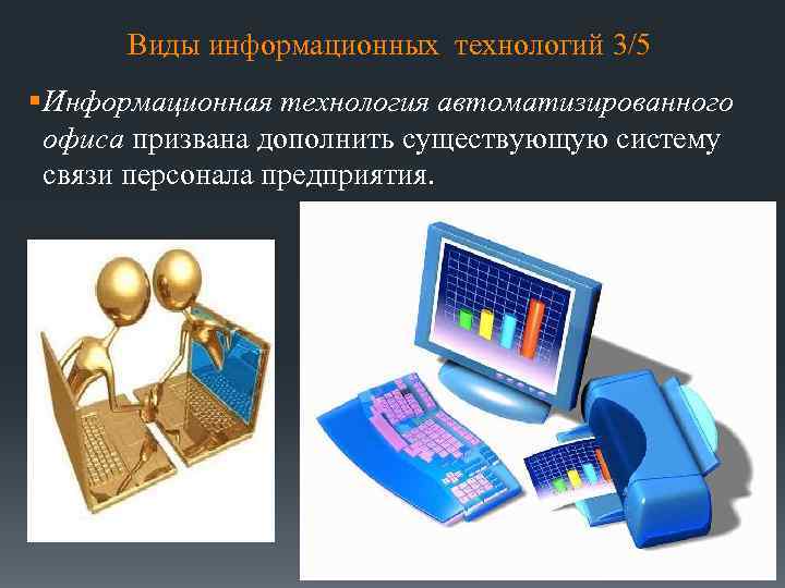 Виды информационных технологий 3/5 § Информационная технология автоматизированного офиса призвана дополнить существующую систему связи