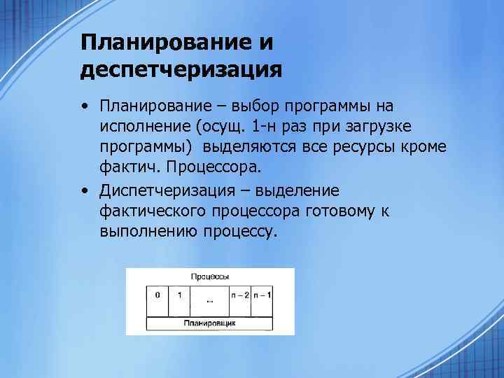 Планирование и деспетчеризация • Планирование – выбор программы на исполнение (осущ. 1 -н раз