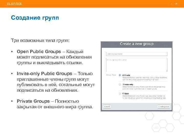 | 121 Создание групп Три возможных типа групп: • Open Public Groups – Каждый