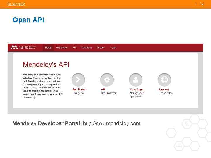 | 130 Open API Mendeley Developer Portal: http: //dev. mendeley. com 