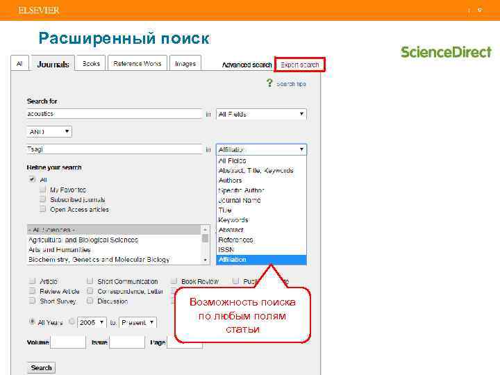 | 17 Расширенный поиск Возможность поиска по любым полям статьи 