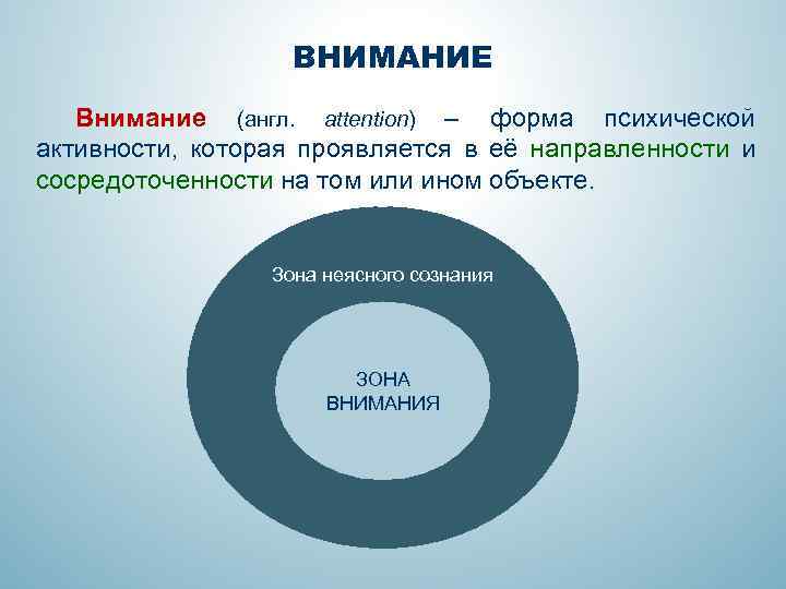 ВНИМАНИЕ Внимание (англ. attention) – форма психической активности, которая проявляется в её направленности и