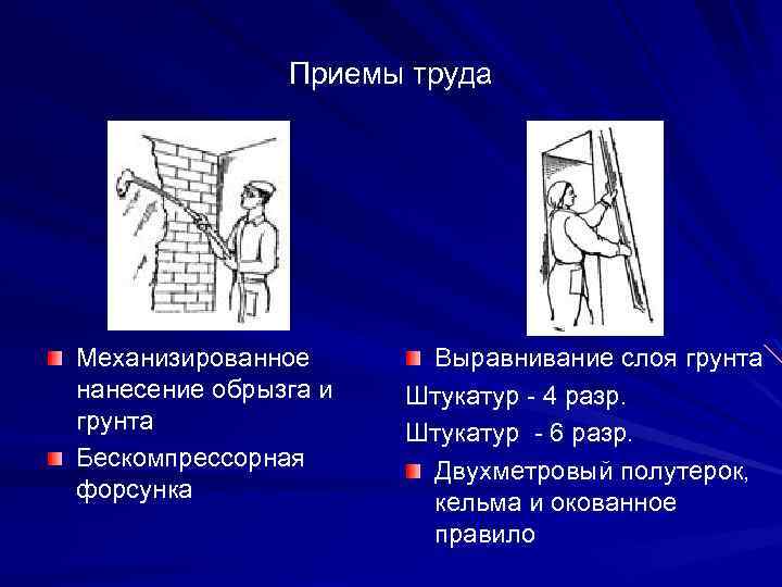 Приемы труда Механизированное нанесение обрызга и грунта Бескомпрессорная форсунка Выравнивание слоя грунта Штукатур -