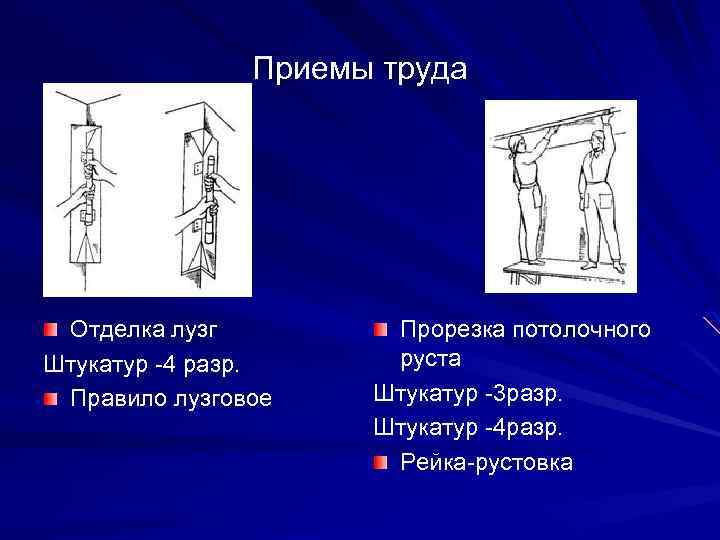 Приемы труда Отделка лузг Штукатур -4 разр. Правило лузговое Прорезка потолочного руста Штукатур -3