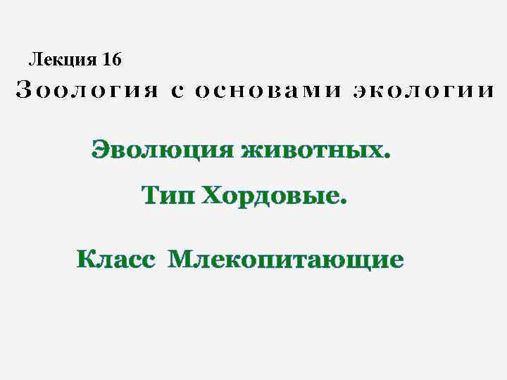 Лекция 16 Зоология с основами экологии Эволюция животных. Тип Хордовые. Класс Млекопитающие 