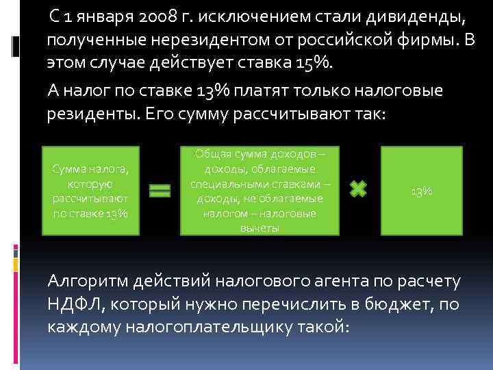 С 1 января 2008 г. исключением стали дивиденды, полученные нерезидентом от российской фирмы. В