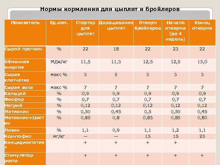 Нормы кормления для цыплят и бройлеров Показатель Сырой протеин Ед. изм. Стартер Доращивание Откорм