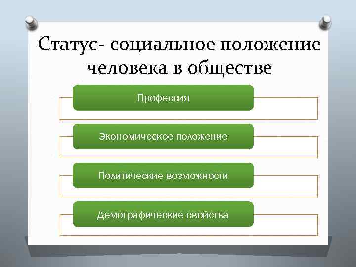 Статус- социальное положение человека в обществе Профессия Экономическое положение Политические возможности Демографические свойства 