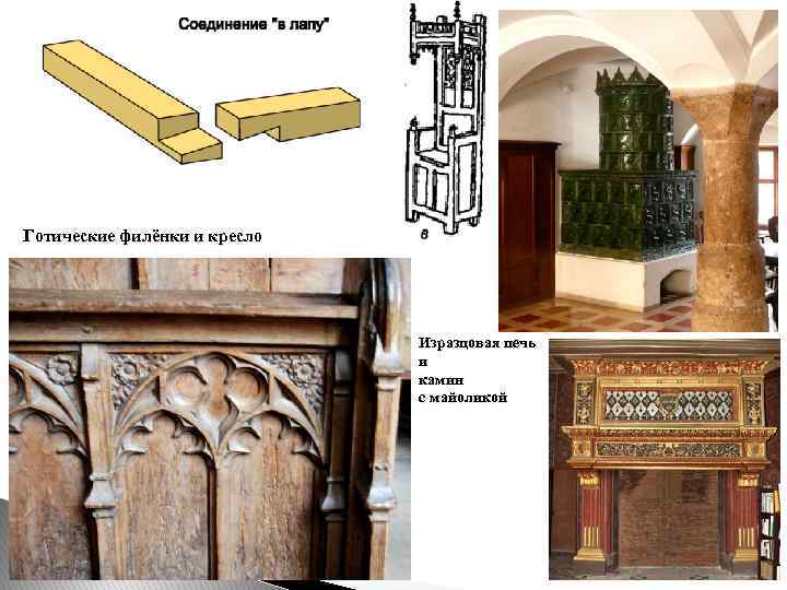 Готические филёнки и кресло Изразцовая печь и камин с майоликой 