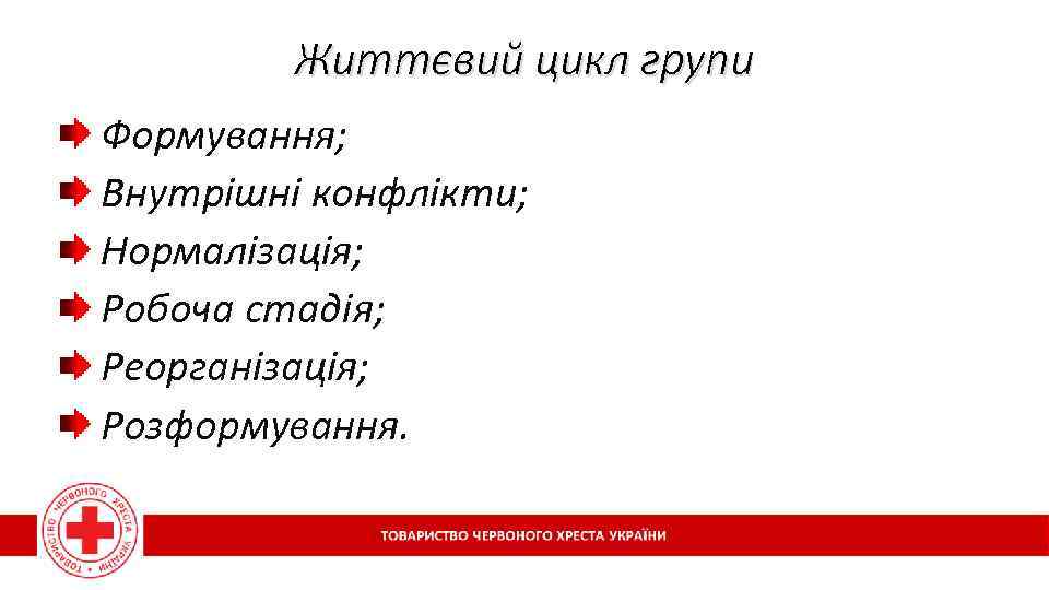 Життєвий цикл групи Формування; Внутрішні конфлікти; Нормалізація; Робоча стадія; Реорганізація; Розформування. 