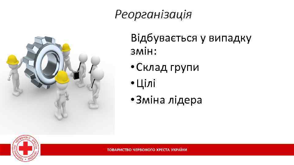 Реорганізація Відбувається у випадку змін: • Склад групи • Цілі • Зміна лідера 