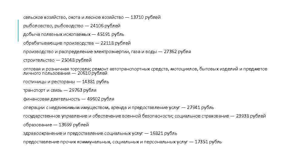 сельское хозяйство, охота и лесное хозяйство — 13710 рублей рыболовство, рыбоводство — 24106 рублей