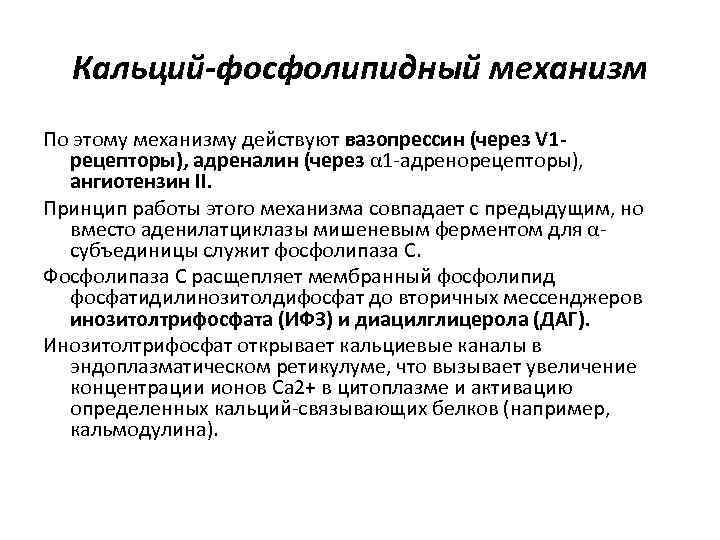 Кальций-фосфолипидный механизм По этому механизму действуют вазопрессин (через V 1 рецепторы), адреналин (через α