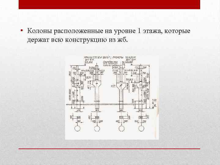  • Колоны расположенные на уровне 1 этажа, которые держат всю конструкцию из жб.