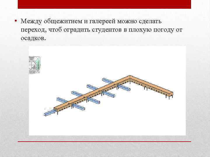  • Между общежитием и галереей можно сделать переход, чтоб оградить студентов в плохую