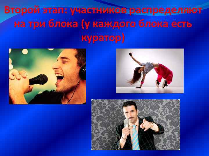 Второй этап: участников распределяют на три блока (у каждого блока есть куратор) 
