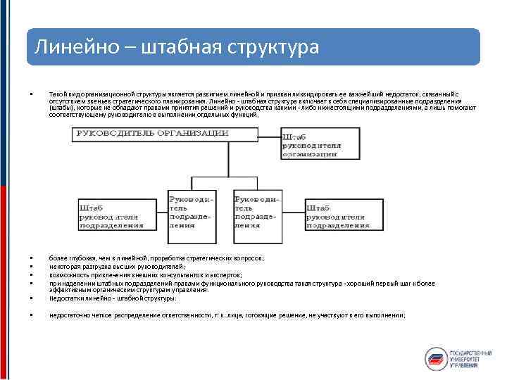 Линейно – штабная структура • Такой вид организационной структуры является развитием линейной и призван