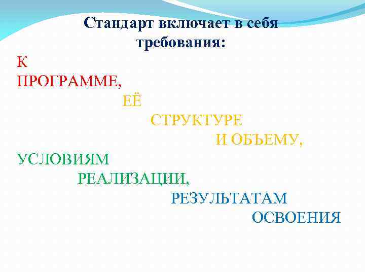 Стандарт включает в себя требования: К ПРОГРАММЕ, ЕЁ СТРУКТУРЕ И ОБЪЕМУ, УСЛОВИЯМ РЕАЛИЗАЦИИ, РЕЗУЛЬТАТАМ