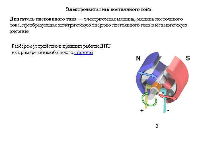 Электродвигатель постоянного тока Двигатель постоянного тока — электрическая машина, машина постоянного тока, преобразующая электрическую