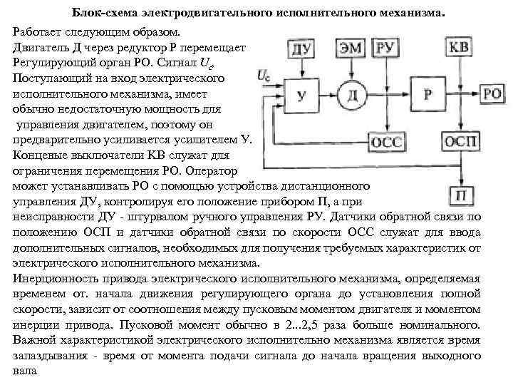 Блок-схема электродвигательного исполнительного механизма. Работает следующим образом. Двигатель Д через редуктор Р перемещает Регулирующий