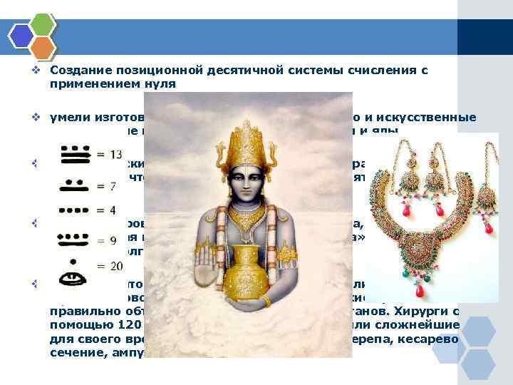 v Создание позиционной десятичной системы счисления с применением нуля v умели изготовлять прочные красители,