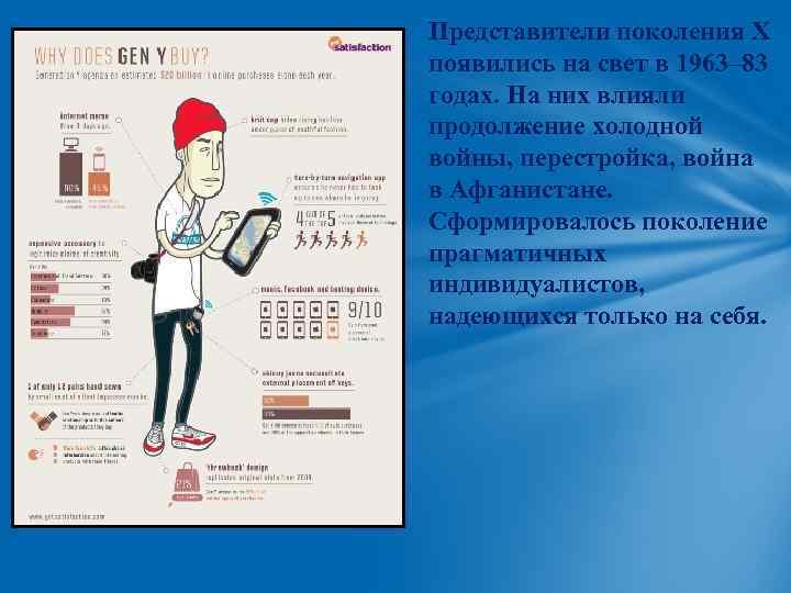 Представители поколения X появились на свет в 1963– 83 годах. На них влияли продолжение