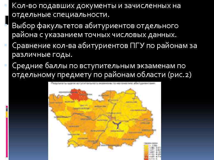  Кол-во подавших документы и зачисленных на отдельные специальности. Выбор факультетов абитуриентов отдельного района