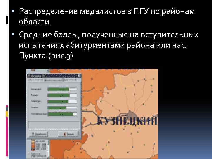  Распределение медалистов в ПГУ по районам области. Средние баллы, полученные на вступительных испытаниях