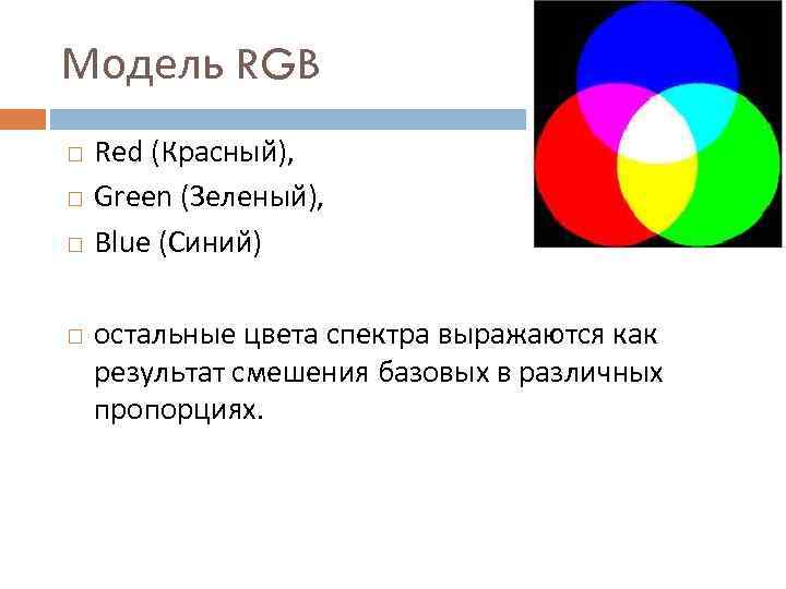 Модель RGB Red (Красный), Green (Зеленый), Blue (Синий) остальные цвета спектра выражаются как результат