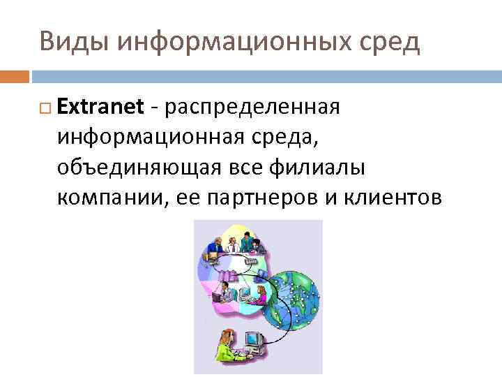 Виды информационных сред Extranet - распределенная информационная среда, объединяющая все филиалы компании, ее партнеров